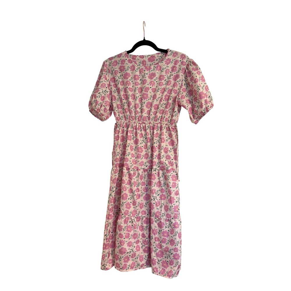 Japanese Floral Tiered Midi Dress Pink Purple Puff Sleeve Elastic Waist Medium